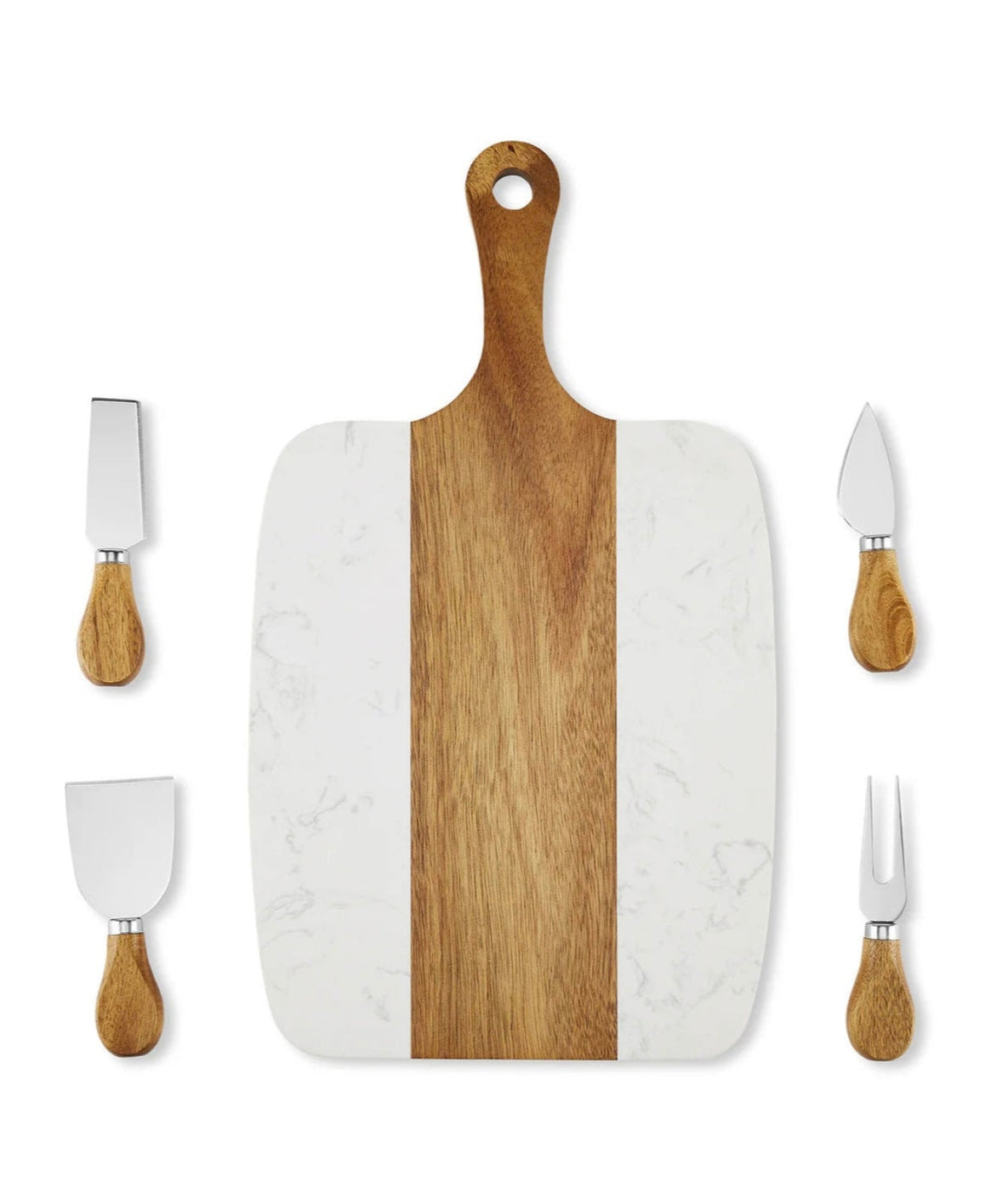 Wooden and marble cutting board with four cheese tools on a white background