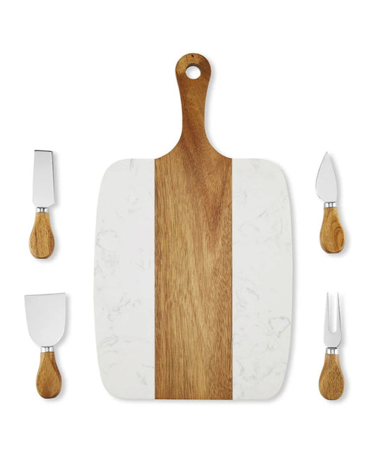 Wooden and marble cutting board with four cheese tools on a white background